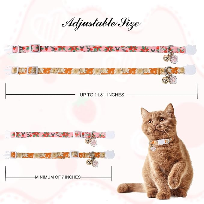 Unique Style Paws Christmas Kitten Collar,2 Pack Cat Collar for Girl Cats with Flower Pattern,Breakaway Cat Collar with Bell,Cute Paw Pendant,Ideal Gift for Boy Girl Cats