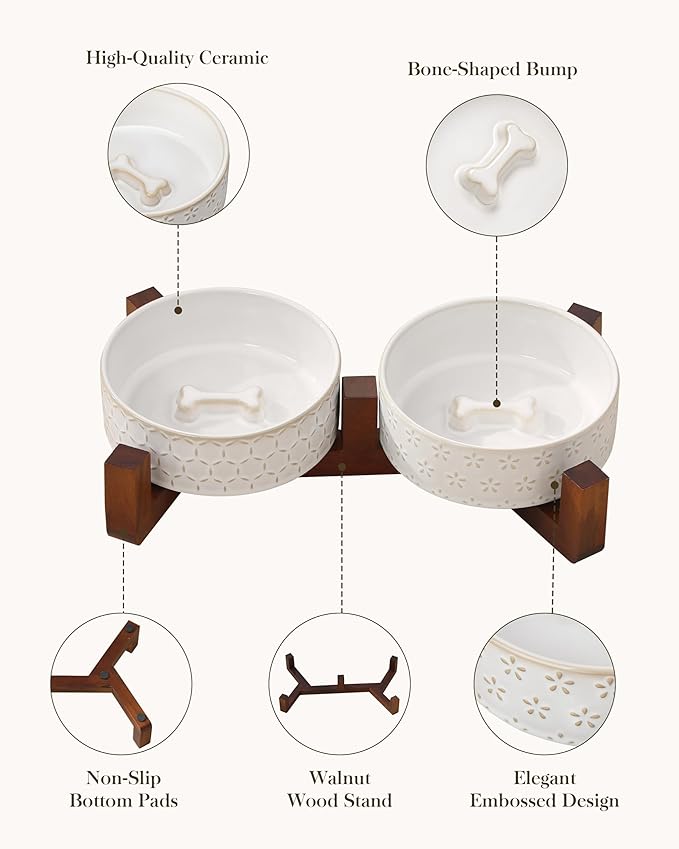 MALACASA Dog Bowl Set with Walnut Wood Stand, 1.5 Cups Ceramic Pet Bowls for Puppy Dogs, Dual Food and Water Bowls with Non-Slip Base, Basic Bowls for Your Dog or Cat, Five-Leaf Grass & Honeycomb