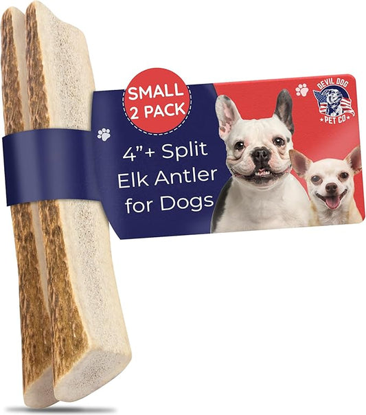Devil Dog Pet Co. Split Elk Antlers for Dogs, Small 4"+, 2 Pack, Grade A Long Lasting Chew for Aggressive Chewers, Premium USA Naturally Shed Antler – Healthy, No Odor, Durable Dog Chew