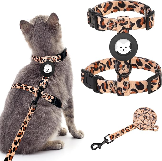BINGPET Cat Harness and Leash Set Escape Proof for Walking,Adjustable Kitten Harness with Airtag Holder for Small Medium Large Cats (Classic Leopard Print,Neck:8"-12",Chest:12.5"-18")