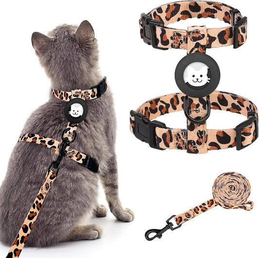 BINGPET Cat Harness and Leash Set Escape Proof for Walking,Adjustable Kitten Harness with Airtag Holder for Small Medium Large Cats (Classic Leopard Print,Neck:8"-12",Chest:12.5"-18")