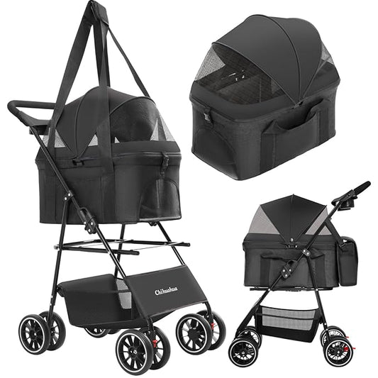 2-in-1 Foldable Pet Stroller with Canopy, 4 Wheels Pet Strolling Cart for Small/Medium Dogs and Cats with Removable Carrier,Breathable Mesh,Mom Tote Bag,Cup Holders,Easy Assembly,Black