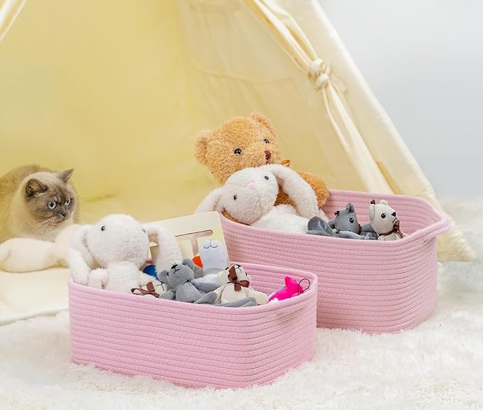 CubesLand Cube Storage Organizer Basket Bin, Cube Shelf Shelves Cotton Rope Basket, Durable Woven Rectangular Basket for Organizing, Nursery Toys Basket, 14x10x7.08IN Pink Basket