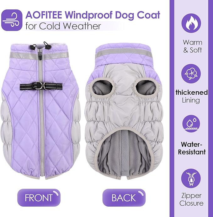 AOFITEE Dog Coat, Warm Dog Winter Coat, Reflective Turtleneck Large Dogs Jacket with Harness Built in, Turtleneck Pet Winter Jacket, Waterproof Pet Snow Jackets Fleece Vest, Lilac XL