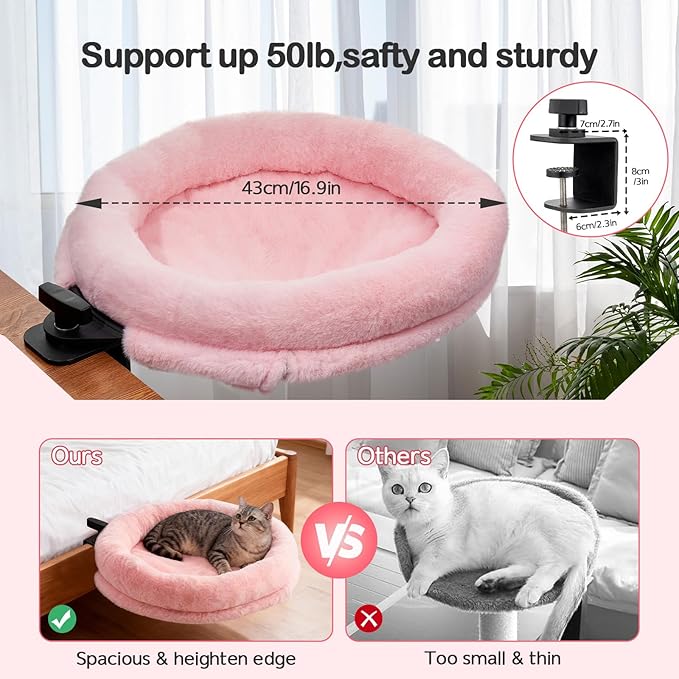 Odoland Large Cat Desk Bed - Cat Perch Clamp for Home Workers - 360 Rotating Desktop Hammock with Replace Mattress for Winter Summer - Hold UP to 50LBS for Kitten Adult Cats Small Pet, Pink