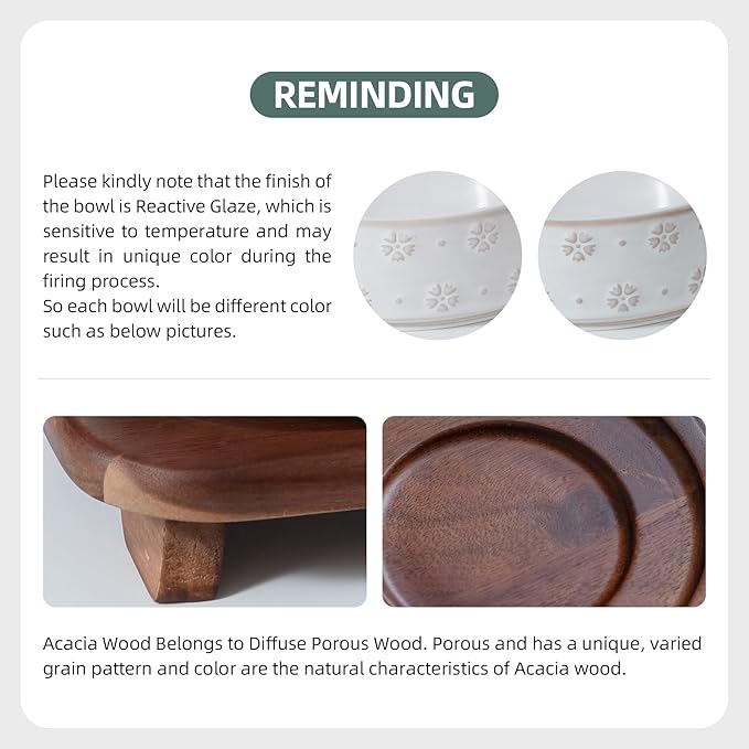 6.1inch Raised Double Cat Bowls Set with Acacia Wood Stand, Wide Whisker Friendly Ceramic Food & Water Bowls for Cats, Puppy, Kitty, Pet Bowl(Double Bowls+Stand, Arctic White)