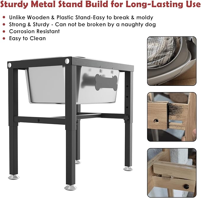 2.8 Gallon Elevated Large Dog Water Bowl, ADENGL 4-Height Adjustable (9.4–14.2'') Raised Stainless Steel Bowl, Dog Bowls Elevated with Spill-Proof Mat & Sturdy Metal Stand for Indoor/Outdoor Use