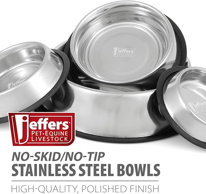 Jeffers No Skid No Tip Stainless Steel Pet Bowls for Dogs & Cats - Non-Slip Food & Water Feeder Dish with Black Rubber Base, Durable Easy to Clean Feeding Bowl for Indoor & Outdoor Use - 1/2 Pint