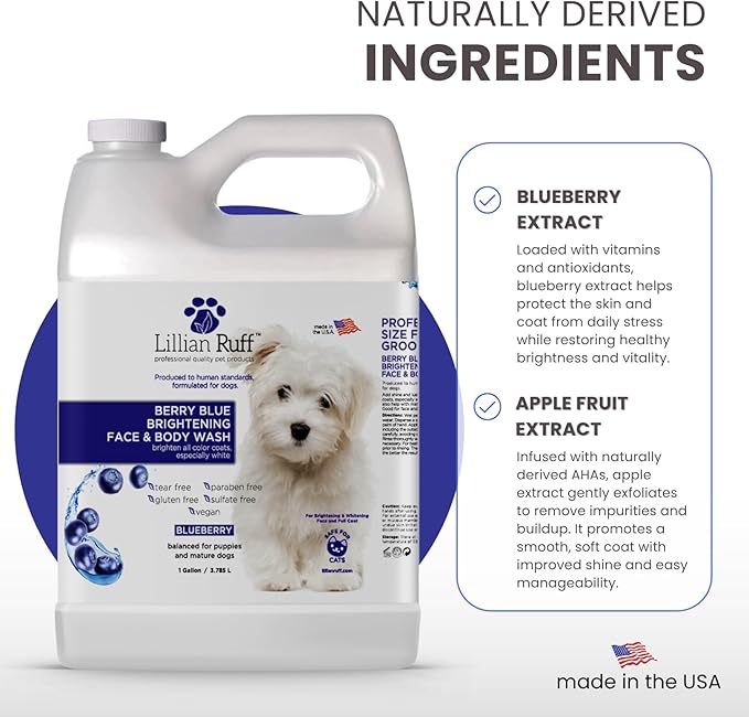 Lillian Ruff PRO Formula Berry Blue Brightening Pet Shampoo - Ultra-Hydrating Professional Whitening Dog Shampoo, Vivid Show-Quality Coat Enhancer, Tear Stain & Odor Eliminator, Vitamin B5, 128oz+Pump