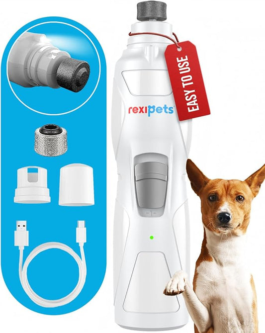REXIPETS Cat and Dog Nail Grinder - Rechargeable Electric Pet Nail Clipper & Trimmer- Painless Paws Grooming - Quiet 2-Speed Motor. 3 Size Ports for Small, Medium, Large Pets- Up to 4 Hours of Charge