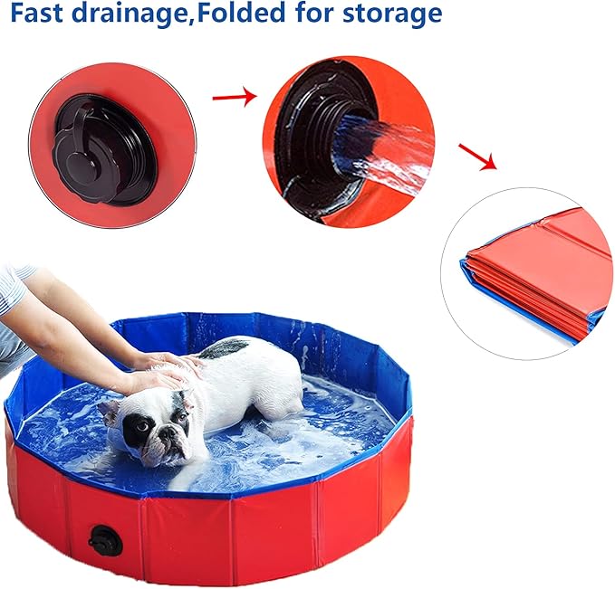 Foldable Pet Dog Kids Swimming Pool(32'' x 8''),Plastic Anti-Slip PVC Bathing Tub Swimming Pool Durable Fiberboard Kiddie Pool Red