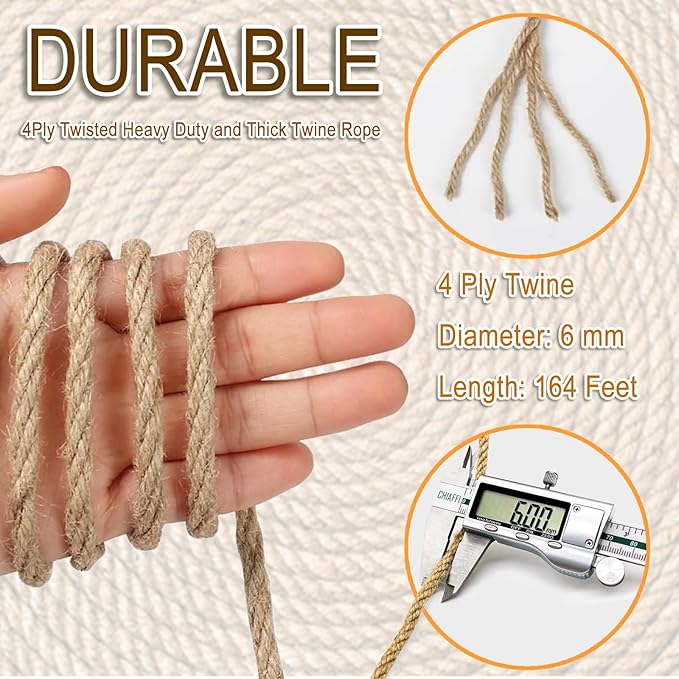 6mm Jute Twine String, 164 Feet 4 Ply Thick Heavy Duty Twine Rope for Crafts, Cat Scratching Post, Cats Toy Making, Gardening Plant, Packing, Bundling, Christmas, Wedding Decor