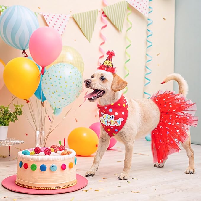 SCENEREAL Dog Birthday Bandana with Hat and Dress Girl Set, Puppy Birthday Party Supplies, Cute Tutu Skirt Red Outfit for Small Medium Large Dogs