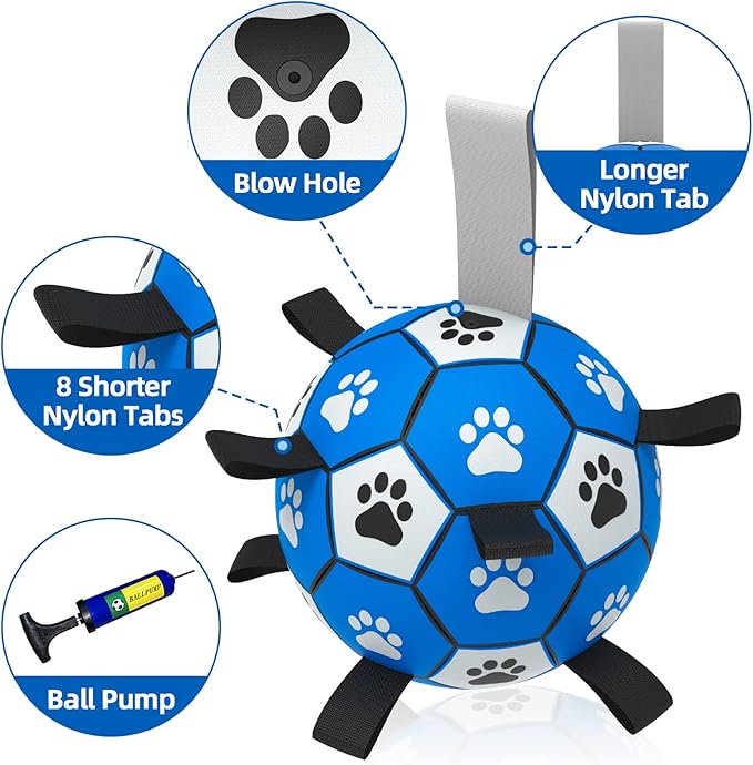 QDAN Dog Ropes Toys, Soccer Ball with Straps, Puppy Birthday Gifts, Durable Balls for Medium Large Dogs-Blue&Grey（8 Inch）