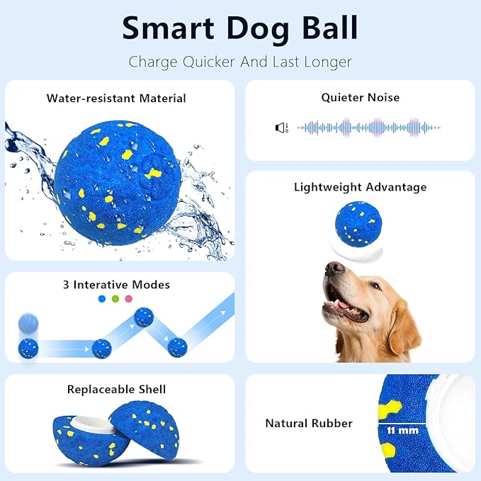 Interactive Dog Toy Ball, Smart Electric Ball - Automatic Bouncing Rolling Moving Jumping Vibrating - 3 Modes Water Resistant Balls for Medium Large Dogs - Chase Pet Toys to Keep Them Busy