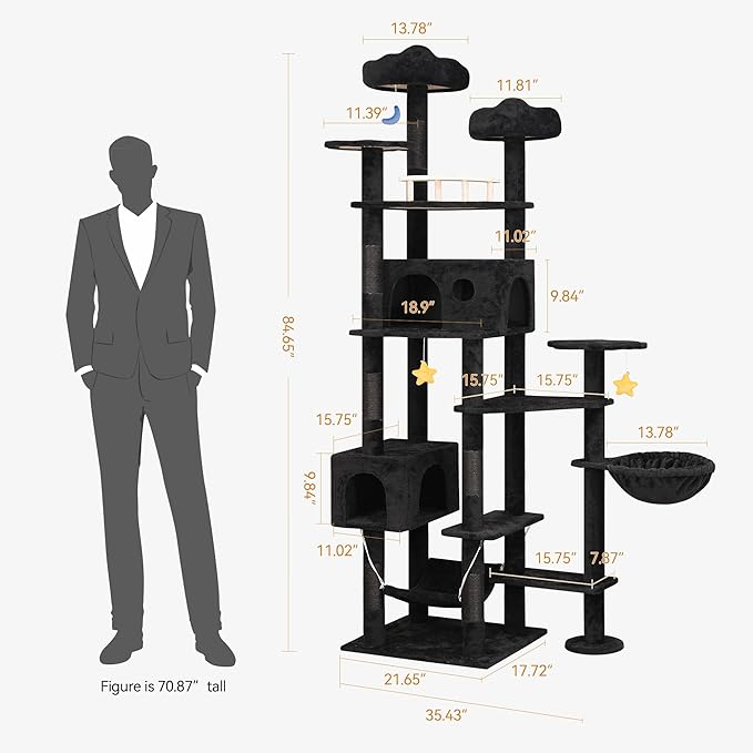 85inch Giant Cat Tree for Heavy Duty Big Cats, Multi-Level Luxury Cat Tower with Scratching Post, Cat Condo with Hammocks & Plush Perches for Indoor Cats Large Adult, Black