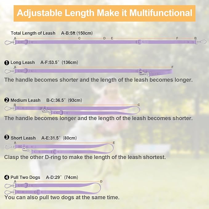 Wisedog Waterproof Dog Leash – 5ft/6ft Adjustable with 2 Hooks & Traffic Handle, Easy to Clean Double Clip Leash for Small, Medium, Large Dogs (Lilac M)