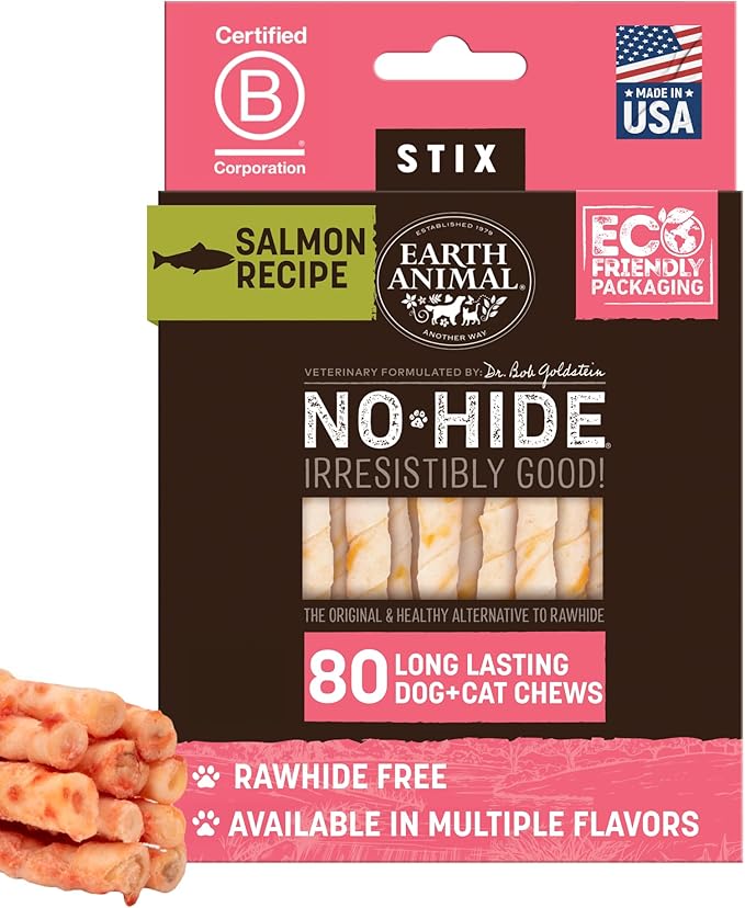 Earth Animal No Hide Stix - Long Lasting Rawhide Free Small Dog Chews Sticks, Salmon - 80 Count Extra Value Pack