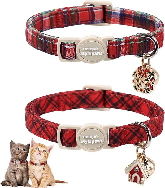 Unique Style Paws Kitten Collars,Cute Cats Collar with Bell,Kitten Collar Breakaway Buckle with Red Green Pattern,Adjustable Cat Collars,Ideal Gift for Boy Girl Cats