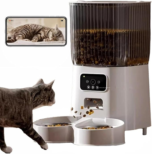 Automatic Cat Feeder, Camera Auto 2 Cats Dispenser 5L Microchip WiFi 2.4G&5G Timed Dual Pet Smart APP Dry Food Self Feeding Container Station (White)