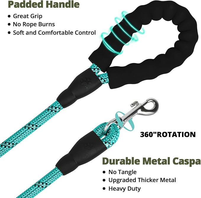 jenico Long Dog Leash 10FT: Heavy Duty Rope Leashes for Dogs Training with Swivel Lockable Hook Reflective Threads Bungee and Padded Handle - Dog Lead for Large Small Medium Dogs Outside Walking