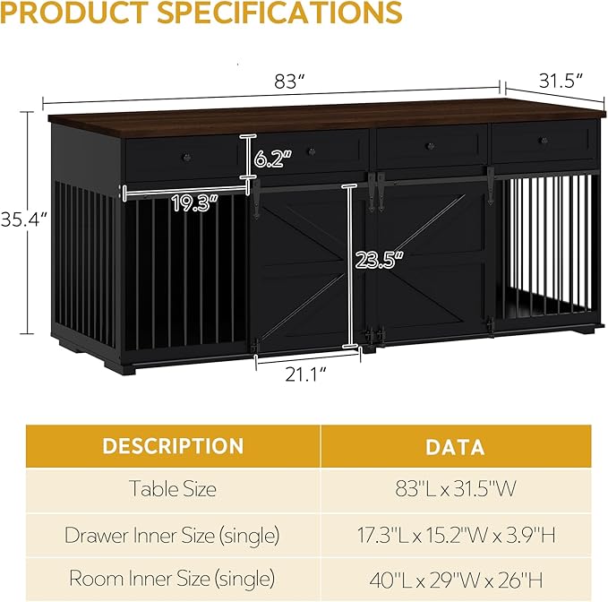 Furniture Style Dog Crate - 83" L Super Large Wooden Dog Kennel Furniture with 4 Drawers & 2 Sliding Barn Doors - for Small Medium Large Dogs, Black