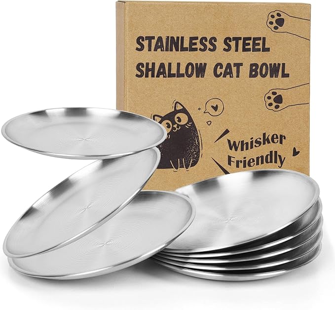 8-Pack Stainless Steel Cat Food Bowls – Shallow Whisker-Friendly Non-Slip Silicone Base,Easy to Clean Indoor Feeding Dishes(6.7")