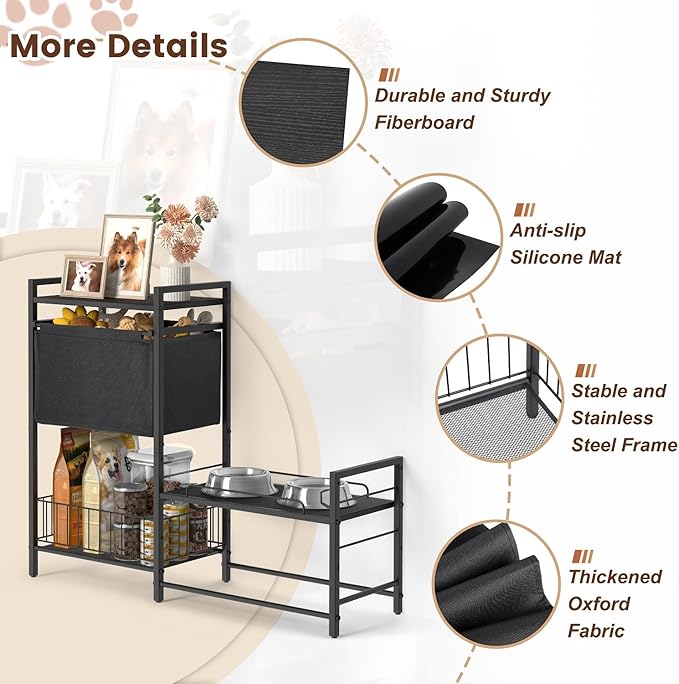 Elevated Dog Bowls, Raised Dog Bowl Stand with Dog Toy Bin Basket Dog Food and Water Bowl Feeding Station, Lifted Dog Bowl Holder Cabinet with Pet Storage Organizer for Large Medium Small Dogs