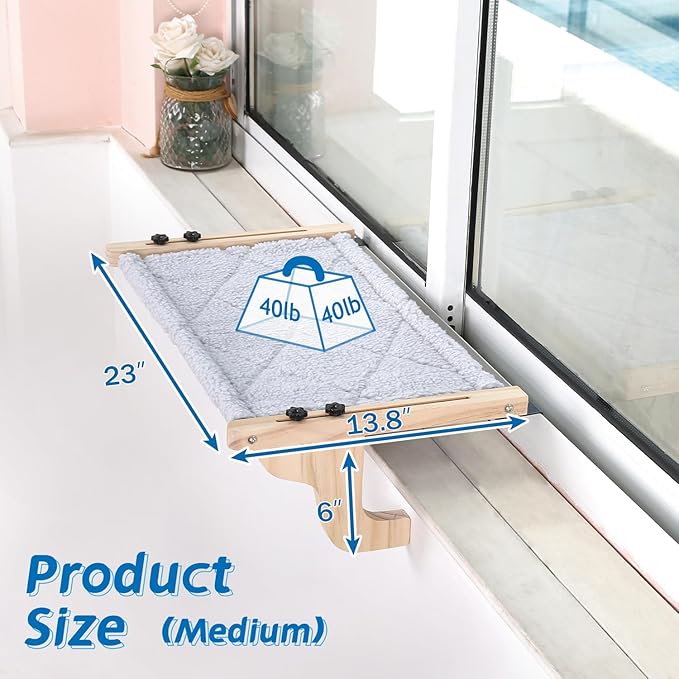 Zakkart Easy Seat Cat Perch for Window Sill - Hammock Design w/Pine Wood & Robust Metal Frame - Cat Window Seat for Large Cats and Kittens (Natural Color Wood w/Gray Bed, Medium (23''W x 14''D))