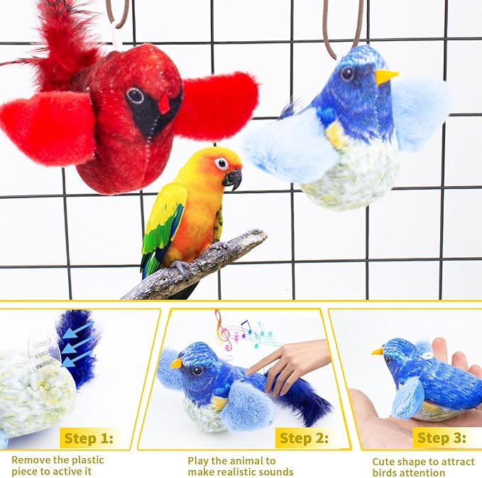 2 Pcs Chirping Birds Cat Toys with Catnip SilverVine, Vivid Chirping with Hanging Rope, Touch Activated Squeaky Sound Cats Toy, Interactive Indoor Kitten Kitty Exercise & Kicker Toys