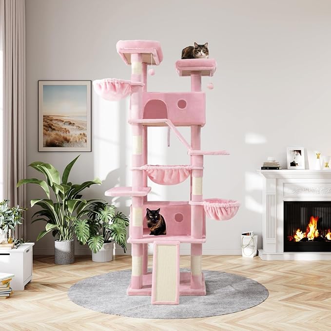 MUTICOR 81 inches Multi-Level Tall Cat Tree Tower for Indoor Kitties/Large Climbing Tree House for Big Feline/Condo/Sisal Scratching Posts/Plush Perches Platforms/Basket Hammock/Pink