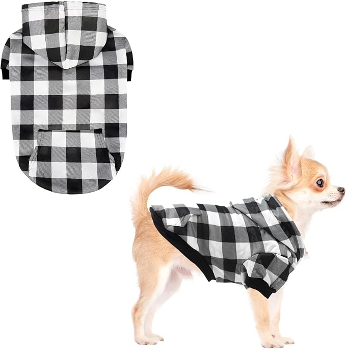KOOLTAIL Plaid Dog Hoodie for Small Medium Large Dogs - Pet Clothes Sweater with Hat and Pocket for Cold Weather Winter, Warm Soft Hooded Sweatshirt Coat Outfit for Puppy Cats Girls Boys White S