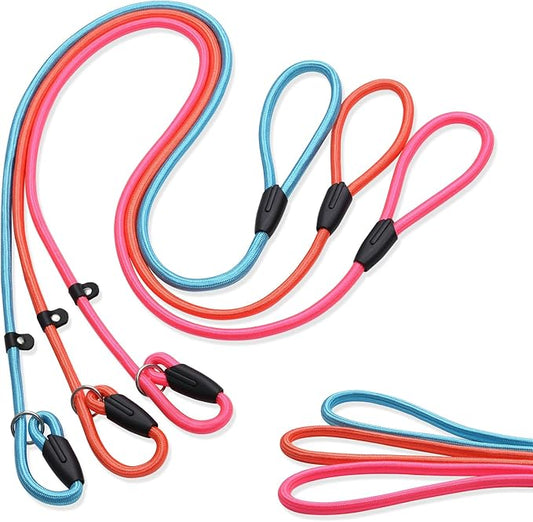 3-Pack Adjustable Dog Slip Leads Pink/Light Blue/Orange - Super-Strong, Easy On/Off, No Collar Needed, Standalone Use, Eye-Catching for Walking/Training