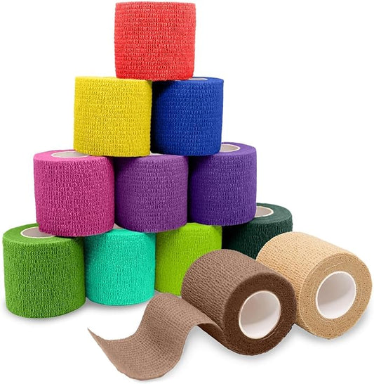 FriCARE Self Adhesive Bandage Wrap, Medical Tape in First Aid Kit, Cohesive Bandages for Wounds Sport Vet, 2 Inches X 5 Yards 12 Rolls, Palette
