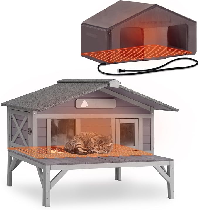 GUTINNEEN Heated Cat House Large Insulated Cat House Outdoor Weatherproof Feral Cat Shelter with Heated Pad, Insulated All-Round Thermal Liner for 1-4 Cats (Winter-Ready)