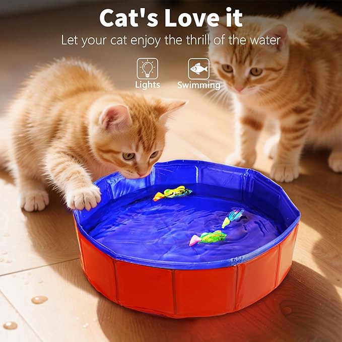 uniro Cat Pool Toy with Fishes - 3 LED Swimming Fish Toys for Cats Robo Swimming Fish with Flashing Lights- Foldable Cat Pool Proof Kitten Water Play Mat for Indoor Cats Fun Bath & Exercise FishToy
