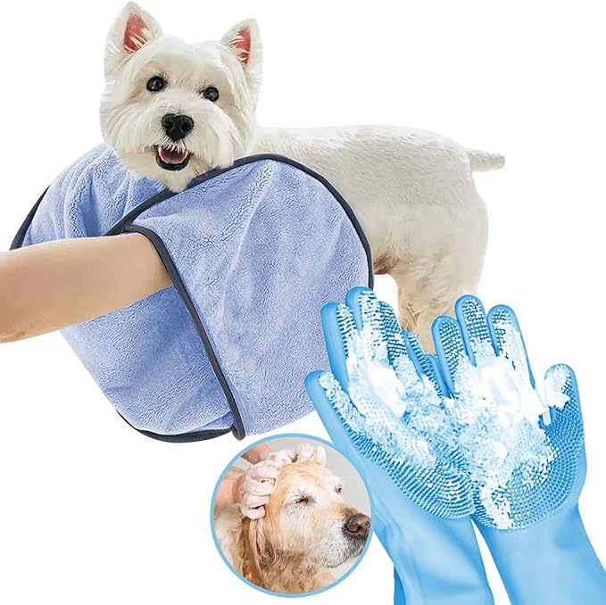 Dog Washing Gloves - Quick Drying Dog Towel,Cat Bath Grooming Gloves Brush with High-Density Teeth for Bathing Massaging，Absorbent Pet Bath Towel 30.3"x13.8" with Hand Pocket for Dog Cat Blue
