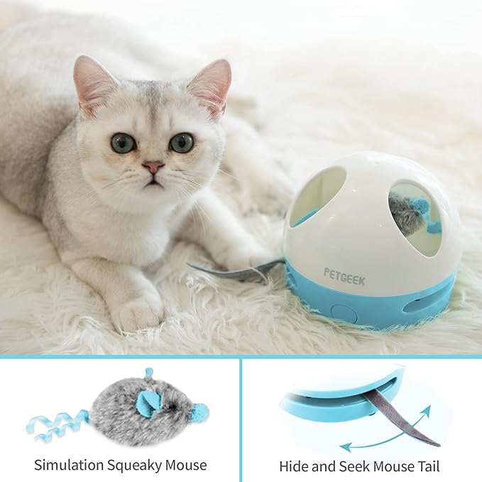 PETGEEK Hidey Mouse Electronic Interactive Cat Toy, Hide Mouse Cat Toy with Squeaky Mouse, Automatic Cat Toys with Catnip Filled Hidey Mouse, Cat Toys Interactive for Indoor Cats Play (Blue)