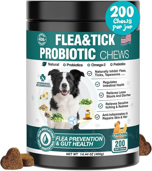 Dog Flea and Tick Treatment Chewable Probiotics Chewables for Dogs Probiotic Digestive Gut Health Natural Flea and Tick Prevention Chews Pet Probiotics for Dogs Chewable Chews Puppy Probiotic 2 in 1