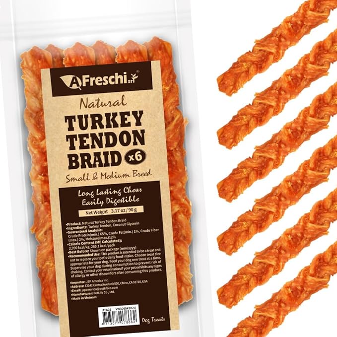 AFreschi Turkey Tendons for Dogs, USA-Sourced, Healthy Dog Treats, Rawhide-Free Puppy Chews, Long Lasting, All Natural, Hypoallergenic Dog Treats for Medium Breeds, 6 Count Pack Braid (M)