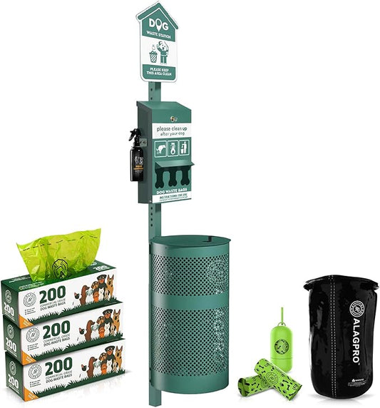 ALAGPRO® NEW 2025 Pet Waste Station Outdoor Dog Waste Station with Hand Sanitizer Bottle, Commercial Dog Poop Station with Free 600 Roll Waste Bags & 50 Can Liners for Backyard, Park & HOA's
