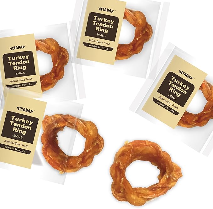 Turkey Tendons for Dogs, All Natural, Healthy Dog Treats, Long Lasting, Hypoallergenic Dog Chews, Rawhide Free, USA-Sourced, for Small Dogs, Ring (S), 4 Count Pack