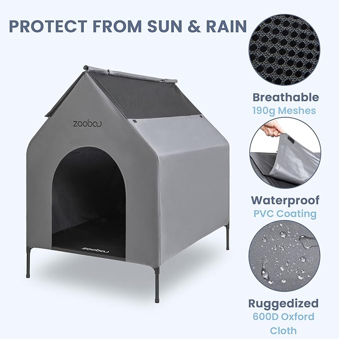 36" Large Dog House for Large Dog Indoor or Outside, Weatherproof 600D PVC Outdoor, Featuring Breathable 2x1 Textilene Elevated Dog Bed, Easy Clean (Grey)