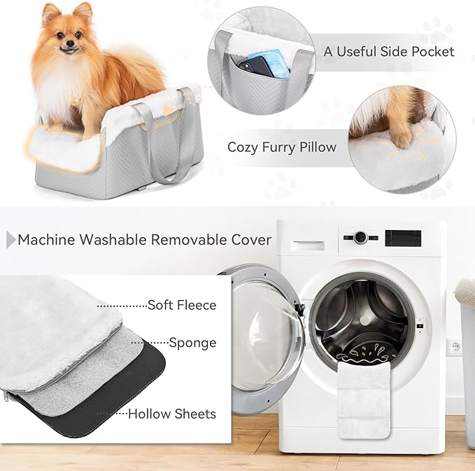 PETSFIT Console Dog Car Seat, Portable Small Dog Car Seat with Safe Protective Hooks, Luxury Dog Carseat Includes Safety Leash and Storage Pocket for Pets Up to 9 lbs (Grey)