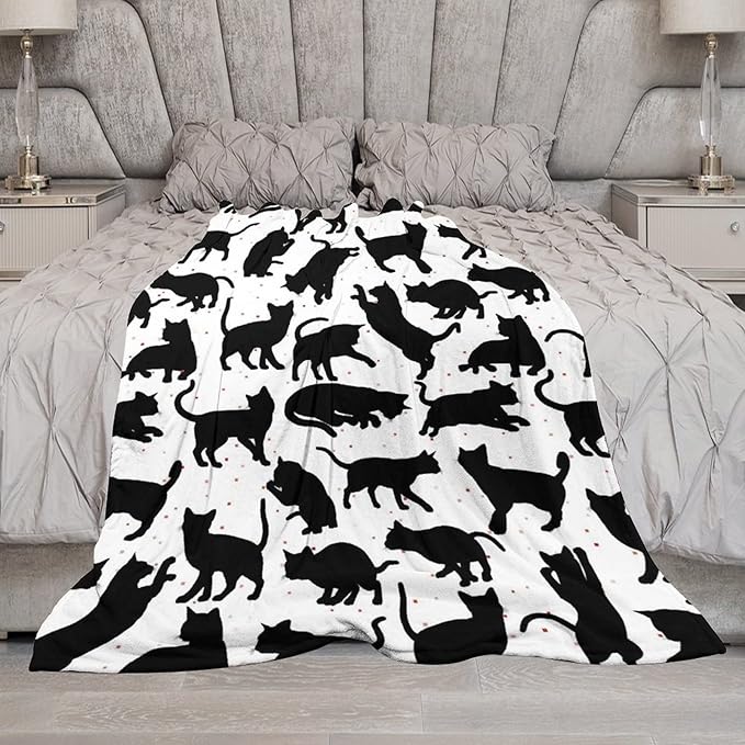 Cat Blanket Gifts - 60"x80" Cute Throw Blanket for Adults Kids - Black Soft Plush Throws for Bed, Couch & Travel