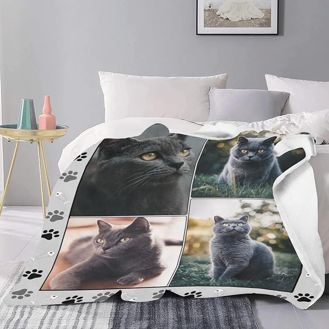 Custom Blanket with Photos for Cat Mom Ever, Personalized Blankets with Picture for Pets Lover Family Women Men Souvenirs, 4 Photos Collage, Made in USA
