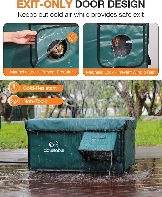 Indestructible Heated Cat House for Outside Cats Winter, 100% Weatherproof, Safe Escape Door, Insulated Outdoor Cat Shelter with Heater for Feral Barn Cat Kitty (Forest Green, 26"x17"x14")