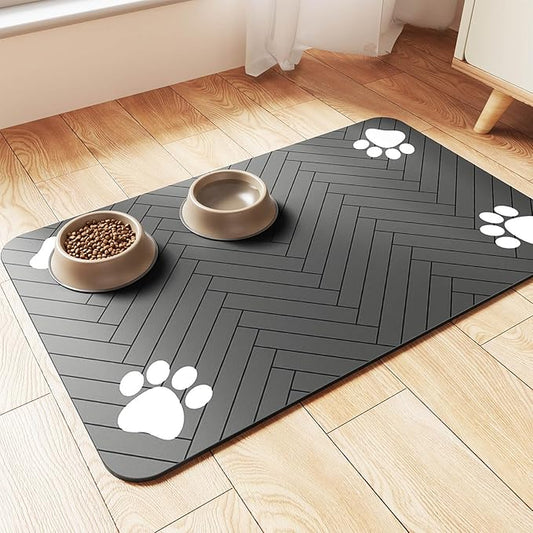 Pet Feeding Mat-Absorbent Pet Placemat for Food and Water Bowl, with Waterproof Rubber Backing, Quick Dry Water Dispenser Mat for Dog and Cat (24"x16", Striped Dark Gray)