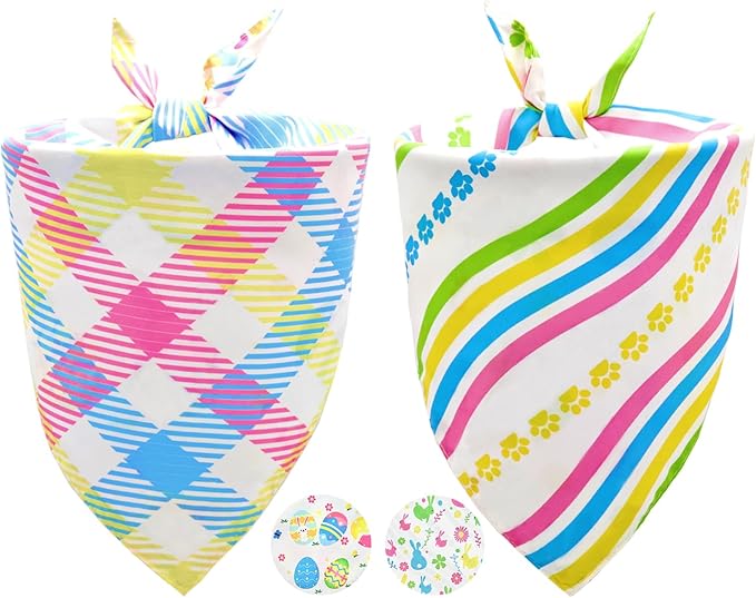 Easter Dog Bandanas for Large Dogs,Reversible 2-Pack Spring Scarves,Holiday Outfits with Colorful Egg and Bunny Designs,Pet Costume Accessories for Boys and Girls (Large)