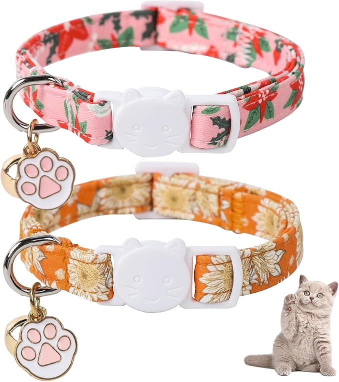 Unique Style Paws Christmas Kitten Collar,2 Pack Cat Collar for Girl Cats with Flower Pattern,Breakaway Cat Collar with Bell,Cute Paw Pendant,Ideal Gift for Boy Girl Cats